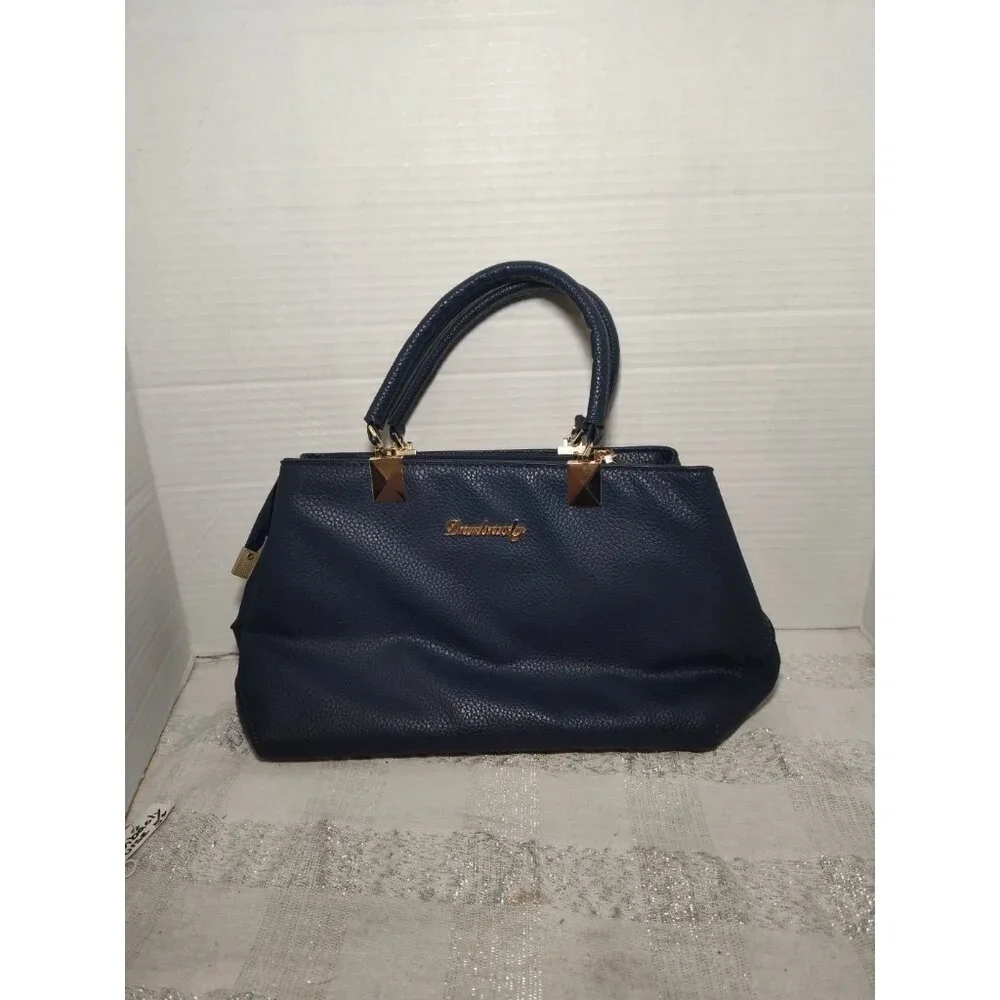Danbaoly Women's Navy Tote Handbag‎ Faux Leather Gold hardware Brown lining